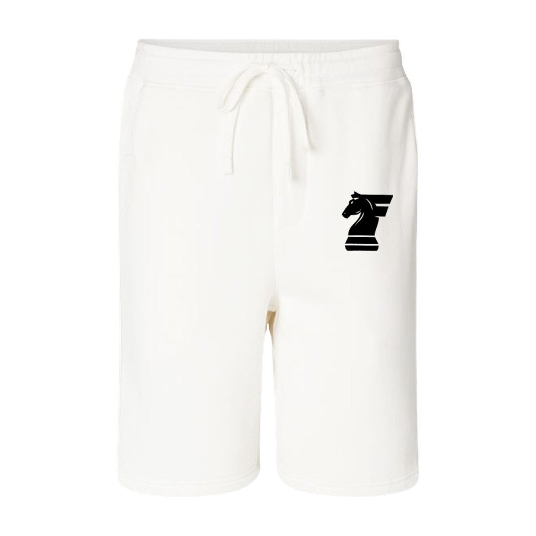 White shorts with a black chess piece logo on a white background