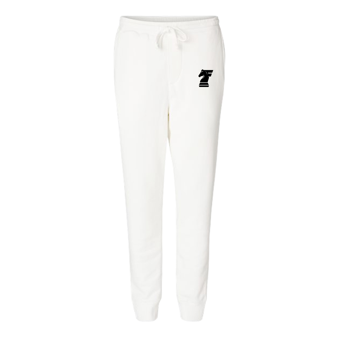 White sweatpants with a black logo on a white background