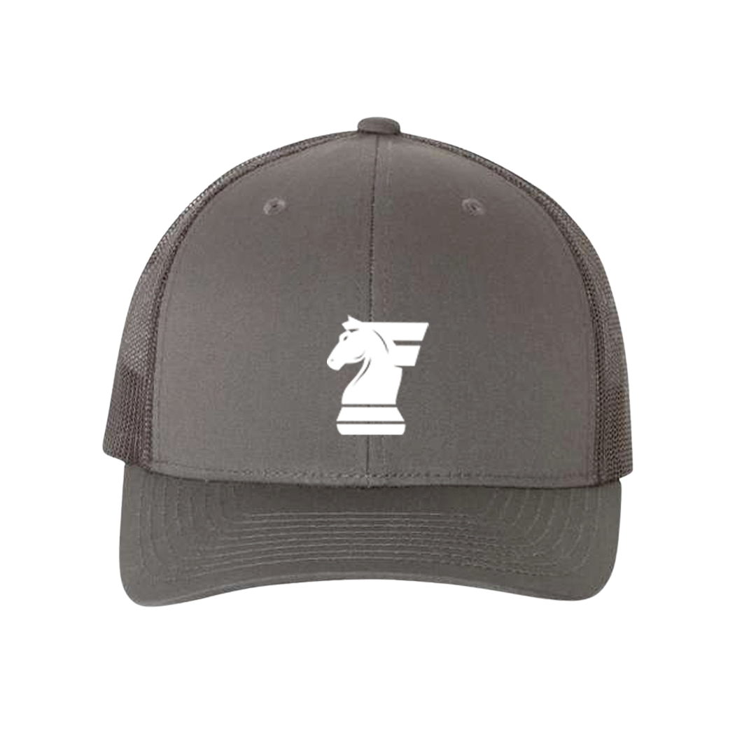 Gray cap with a white logo on a white background