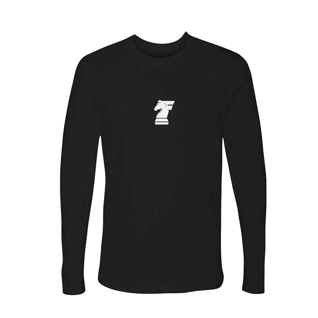 Black long-sleeve shirt with a white logo on a white background