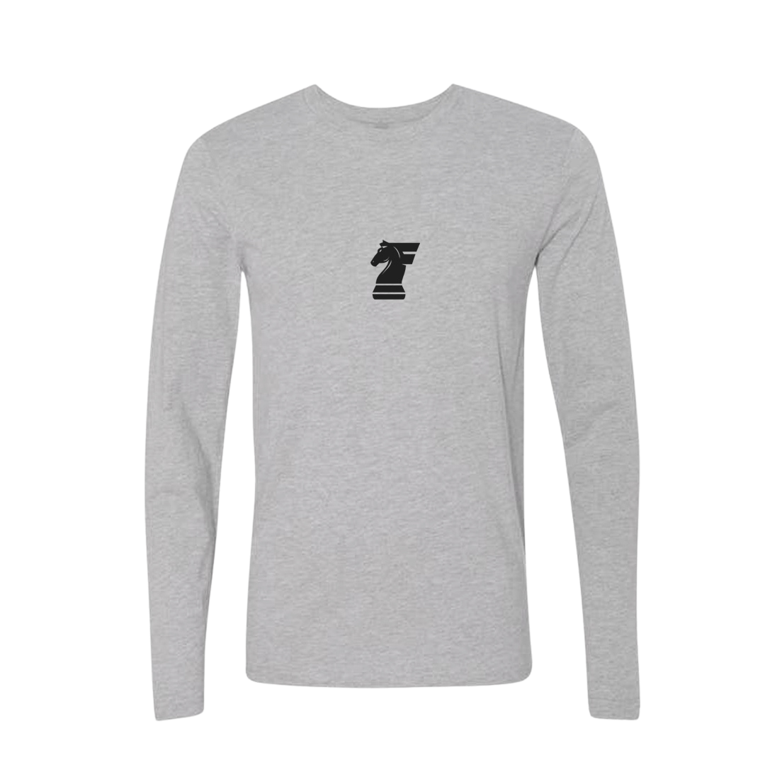 Gray long-sleeve shirt with a black logo on a white background