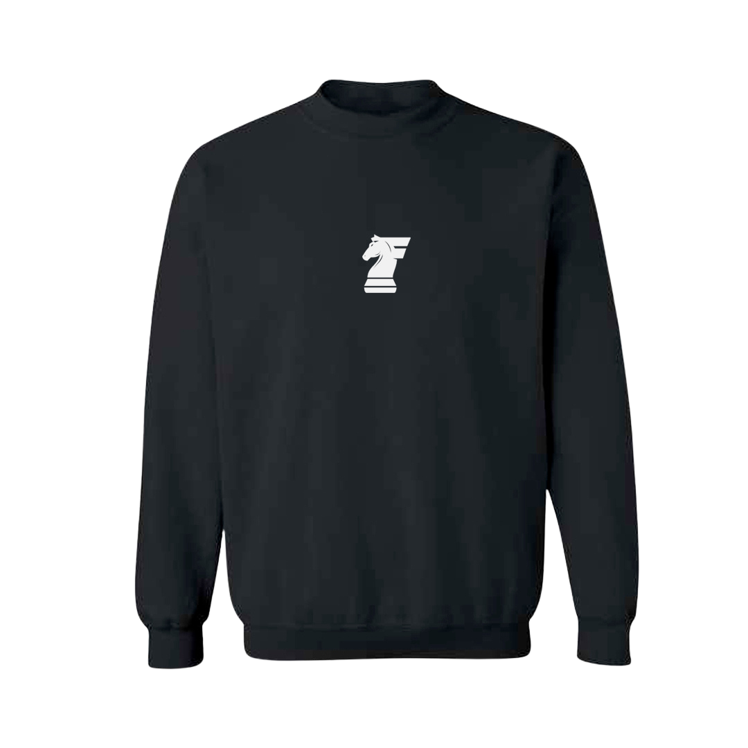Black sweatshirt with a white logo on a white background
