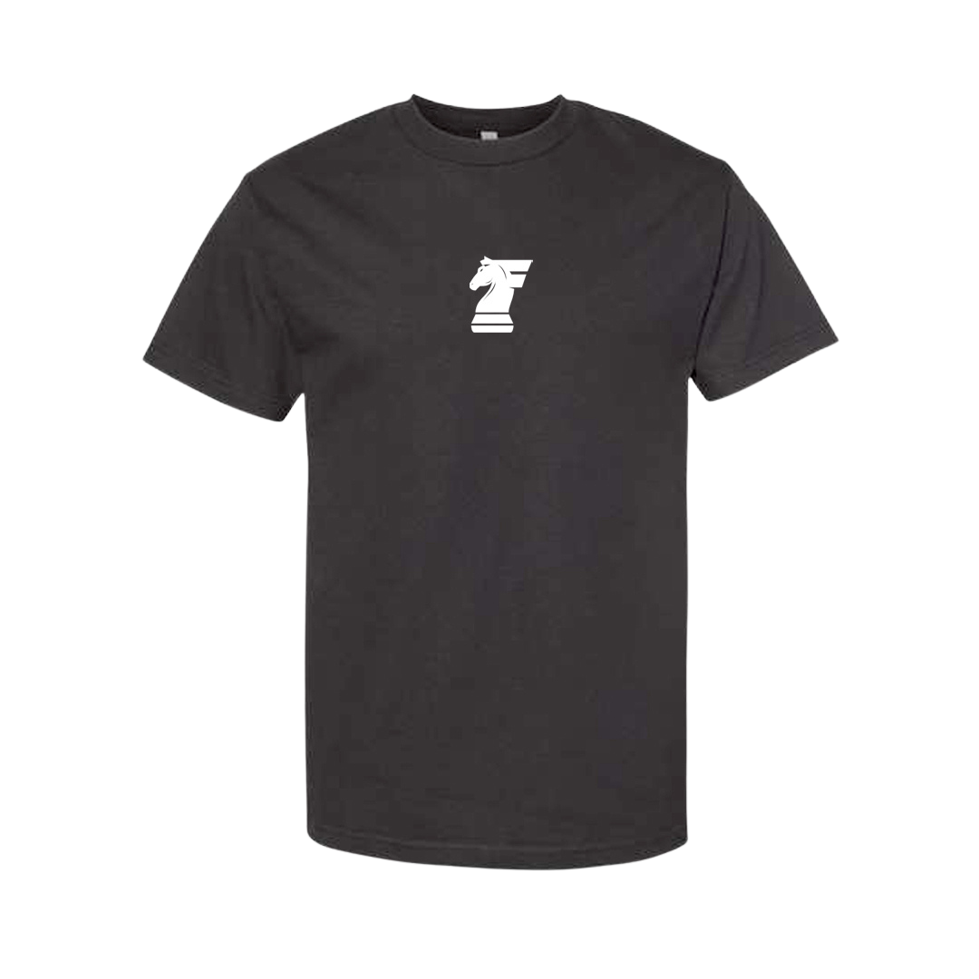 Black t-shirt with a white logo on a white background