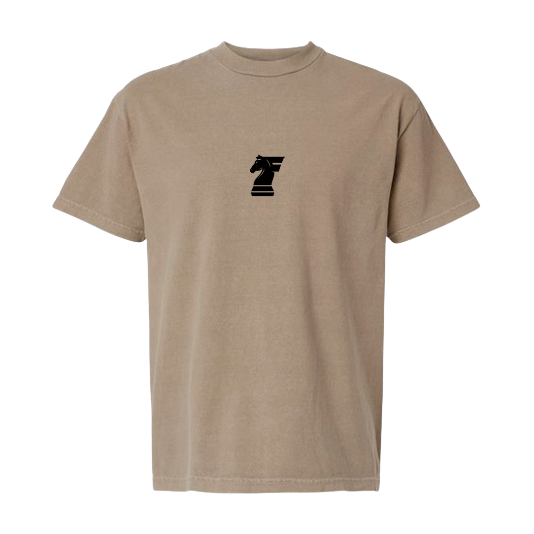 Beige t-shirt with a black logo on a white background