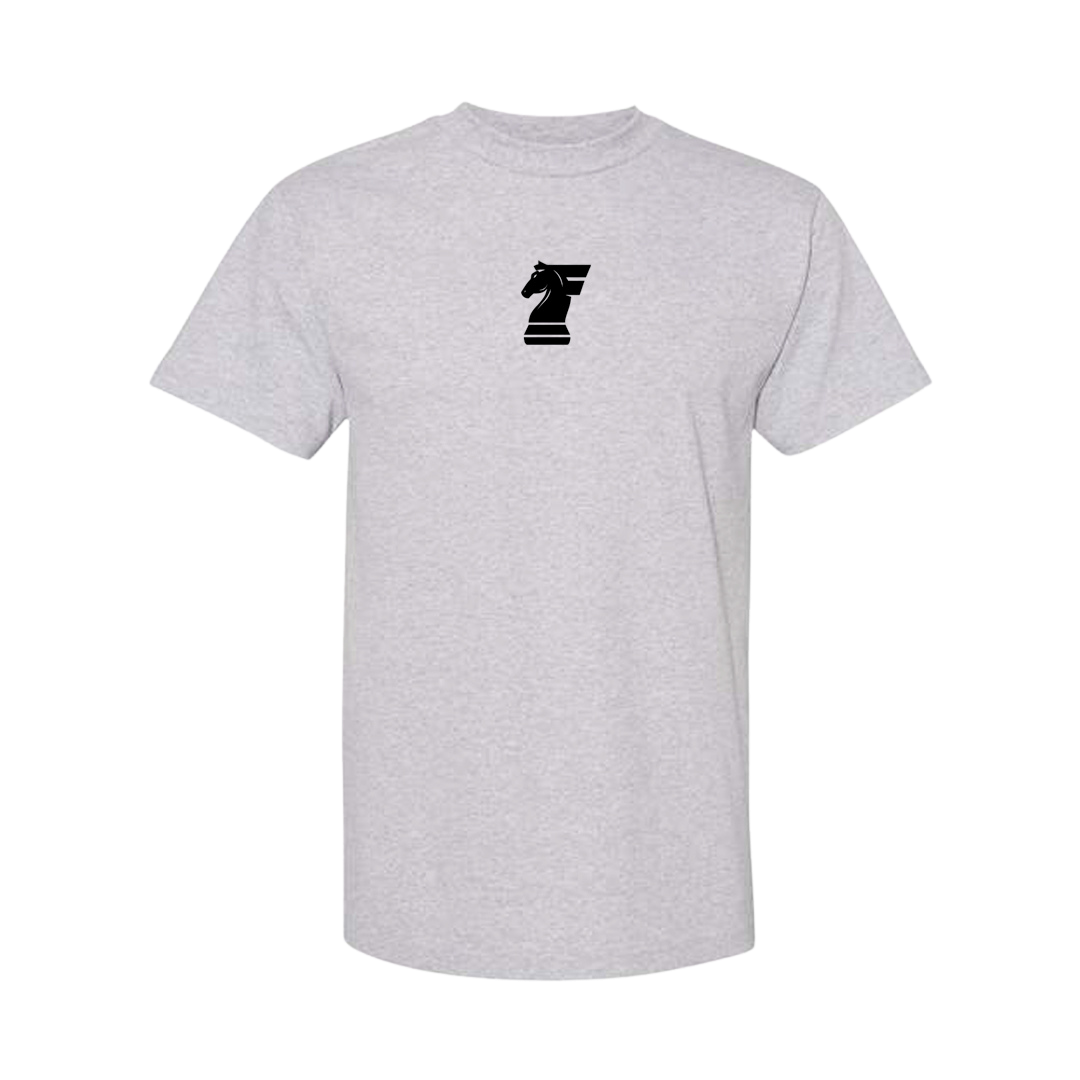 Gray t-shirt with a black logo on a white background