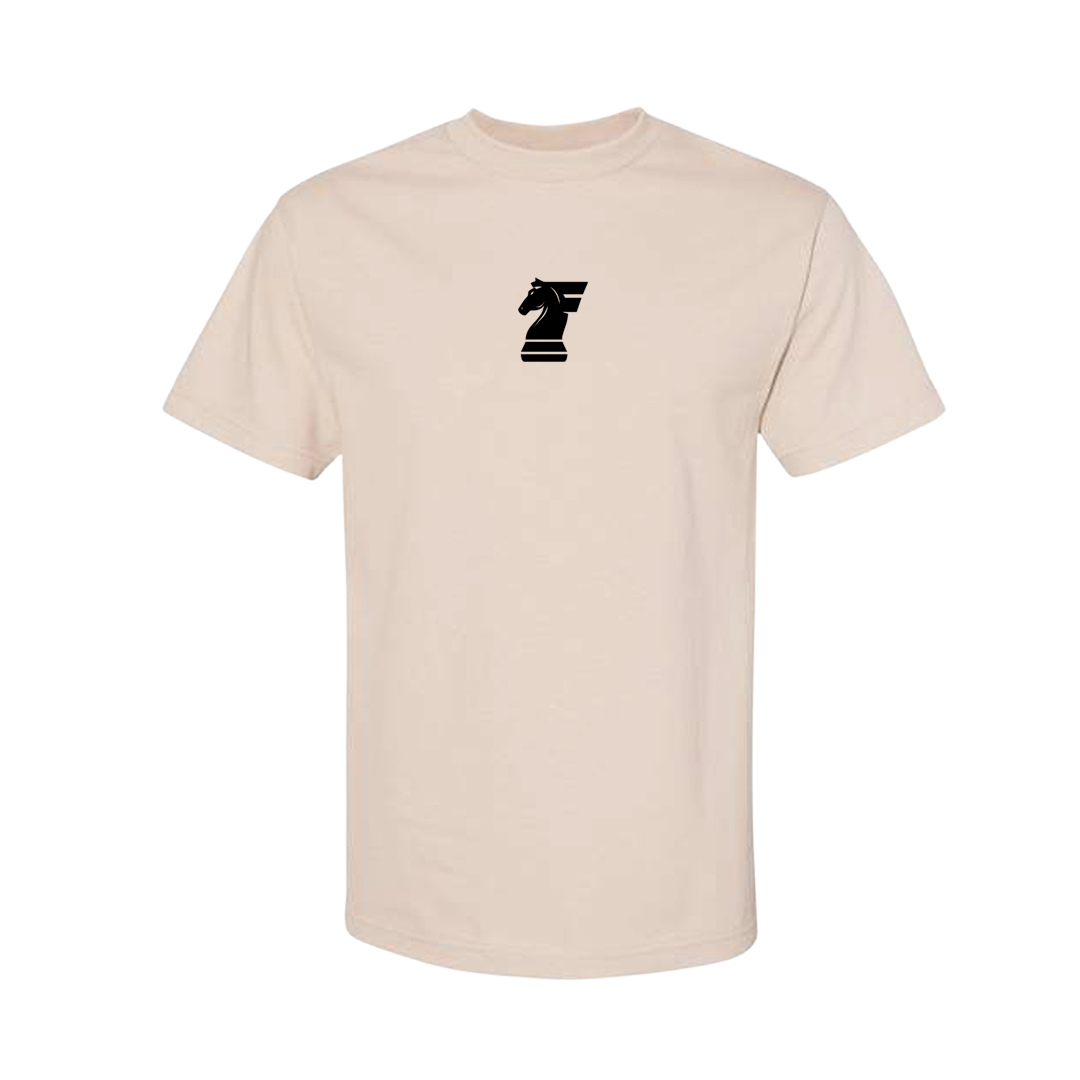 Beige t-shirt with a black logo on a white background