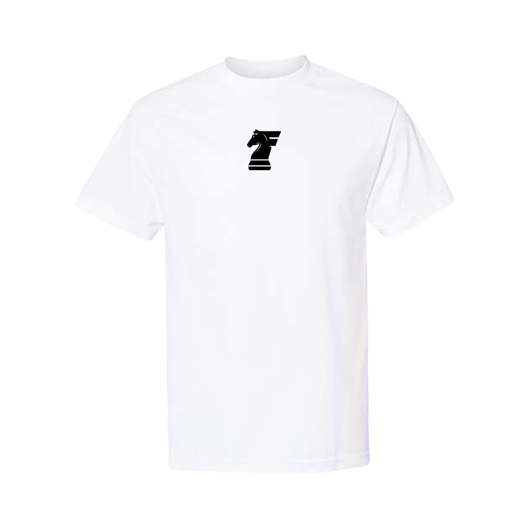 White t-shirt with a black logo on a white background