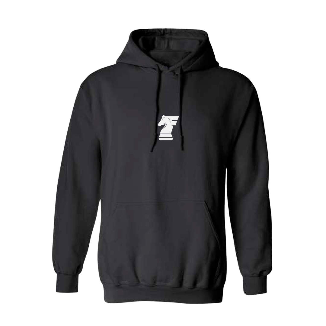 Black hoodie with a white logo on a white background