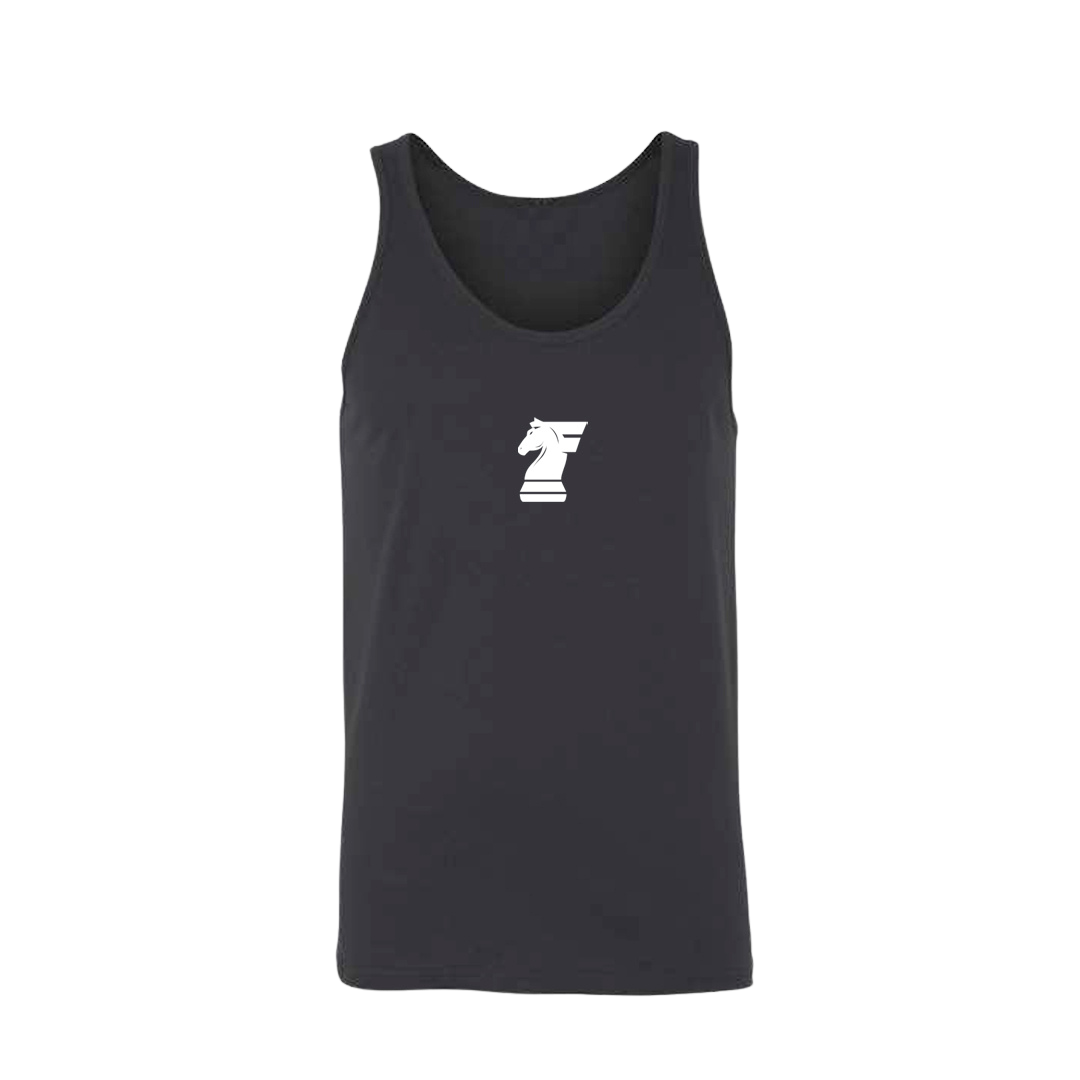 Black tank top with a white logo on a white background