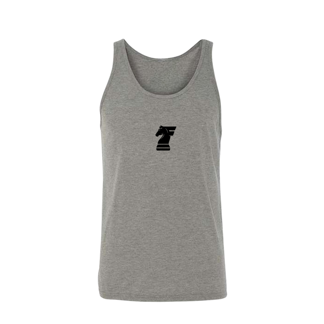 Gray tank top with a black logo on a white background