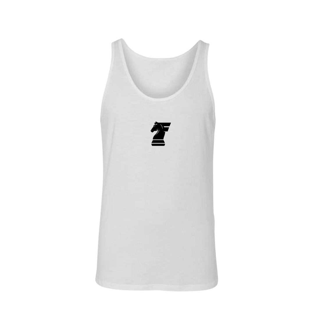 White tank top with a black logo on a white background