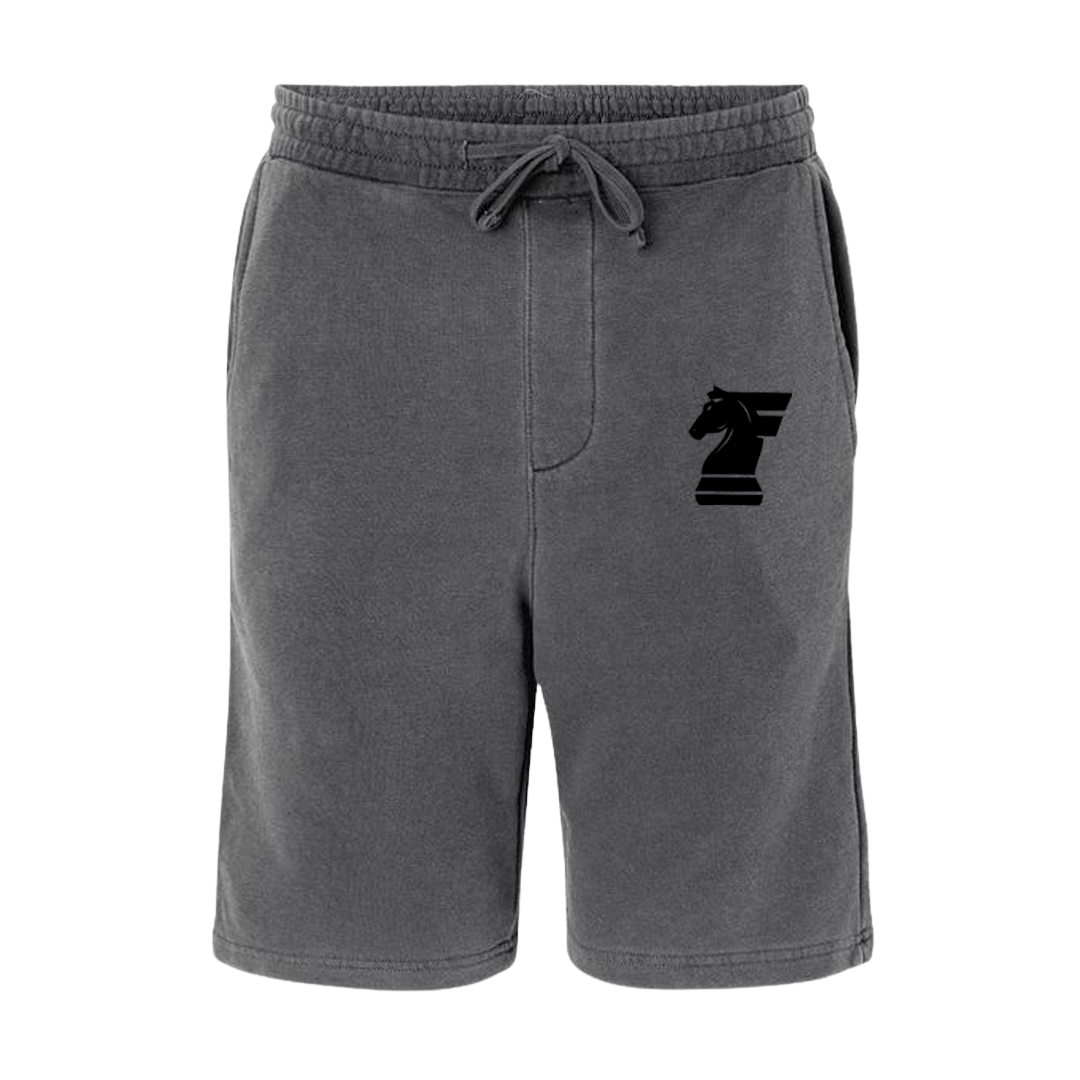 Gray shorts with a black logo on a white background
