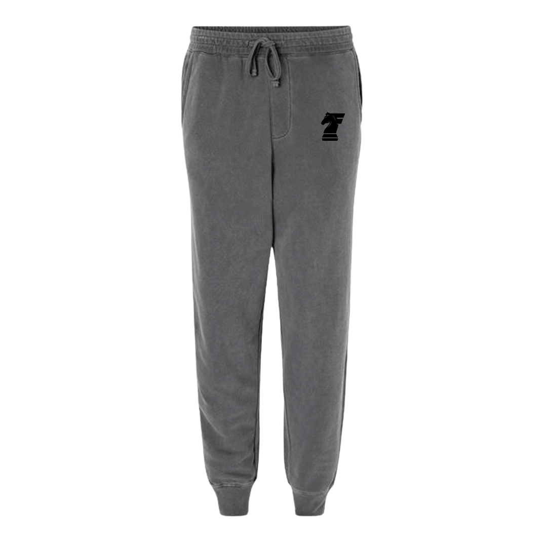 Gray sweatpants with a logo on a white background