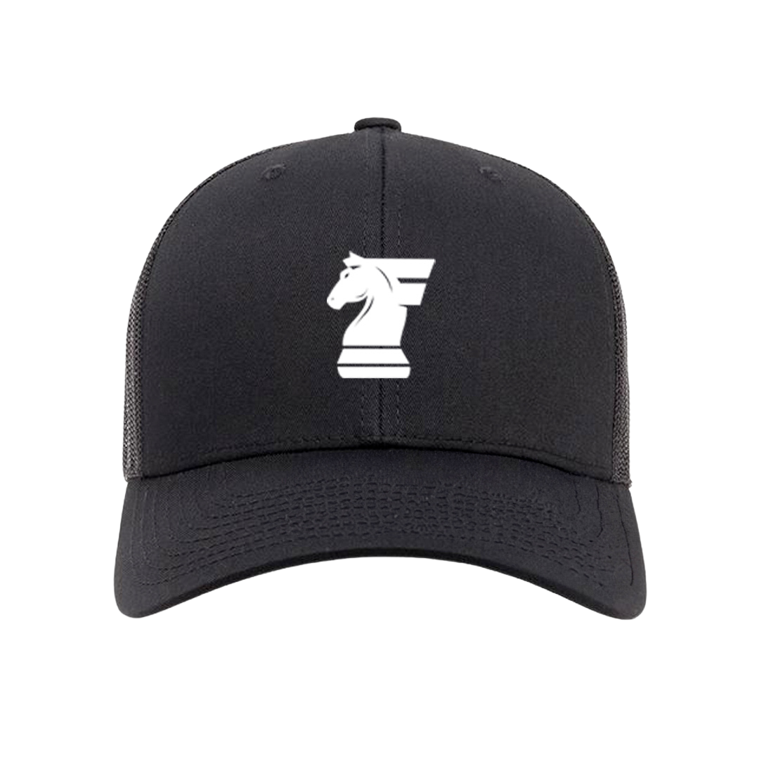 Black cap with a white chess knight logo on a white background