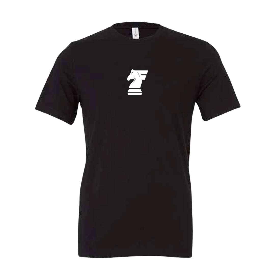 Black t-shirt with a white logo on a white background