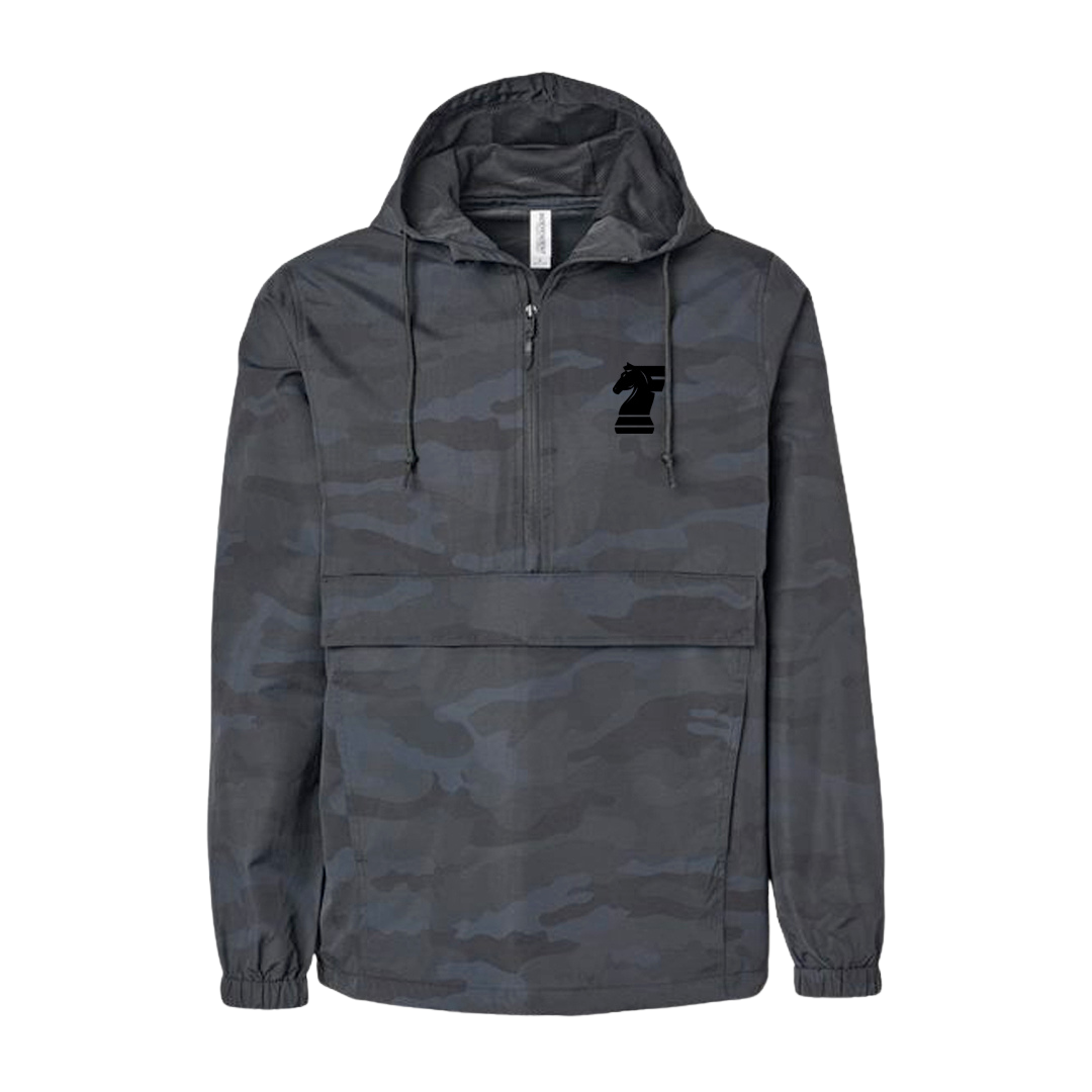 Gray camouflage jacket with a logo on a white background