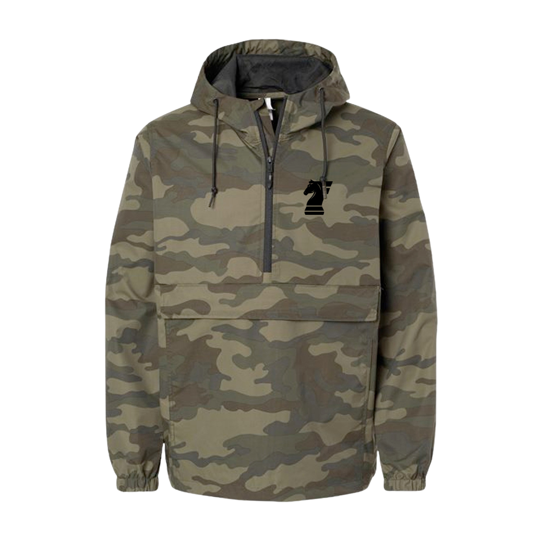 Camouflage jacket with a brand logo on a white background